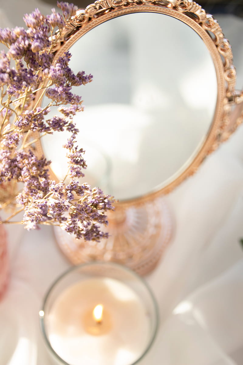 mirror, flowers, candle, light, aesthetics, HD phone wallpaper