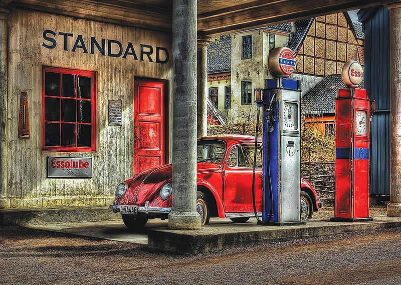 Station, gasoline, artwork, vintage, car, painting, HD wallpaper