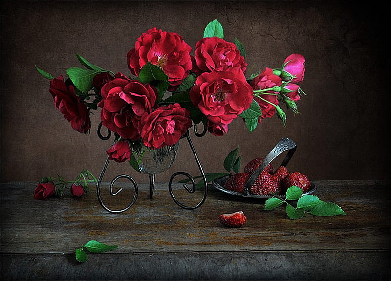 Still Life Red Pretty Rose Fruits Vase Bonito Old Graphy Nice Flowers Hd Wallpaper Peakpx