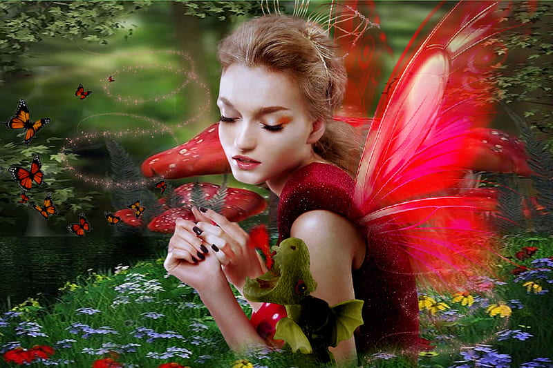 Fairy 13, artistic, red, pretty, stunning, breathtaking, bonito, magic, woman, women, floral, sparkle, fantasy, feminine, flowers, gorgeous, fairy, forest, female, wings, lovely, storybook, butterflies, creative, red fairy, girl, magical, mushrooms, HD wallpaper