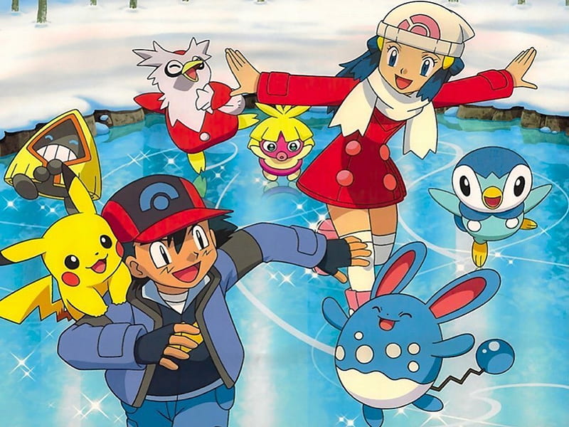 Pokemon Ice Skateing, dawn, piplup, ash, pikachu, HD wallpaper