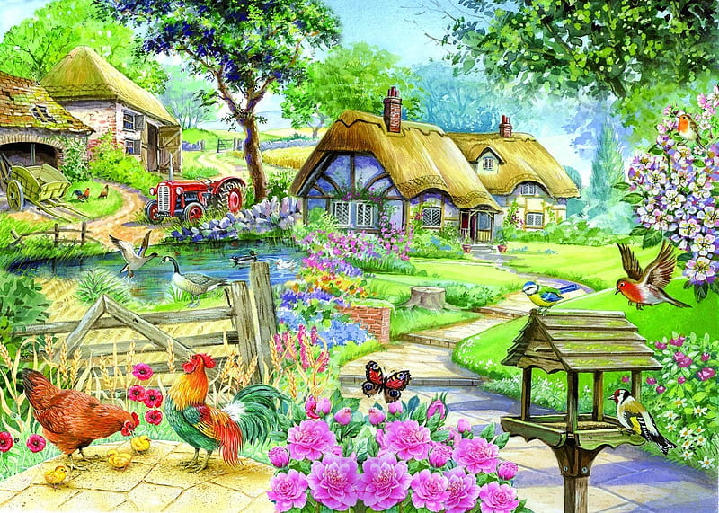Country Living, cottages, painting, birds, poultry, flowers, trees, artwork, HD wallpaper