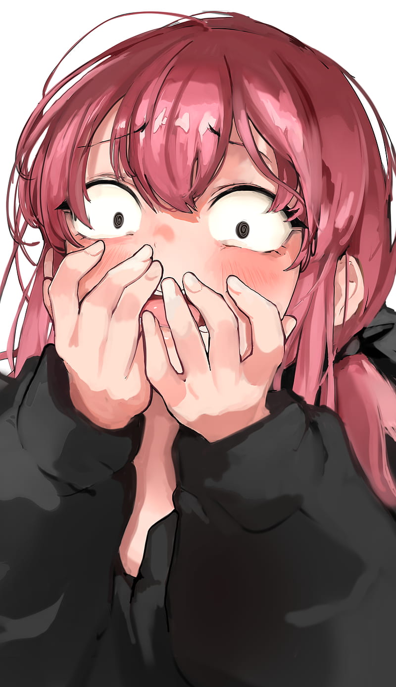 Komi-san wa, Comyushou desu., femboy, embarrassed, open mouth, black eyes, covering mouth, black coat, anime boys, twintails, bangs, arms up, Hitohito Tadano, looking at viewer, pink eyes, long hair, wig, hair in face, simple background, anime, vertical, fan art, Mamimi, crossdressing, HD phone wallpaper