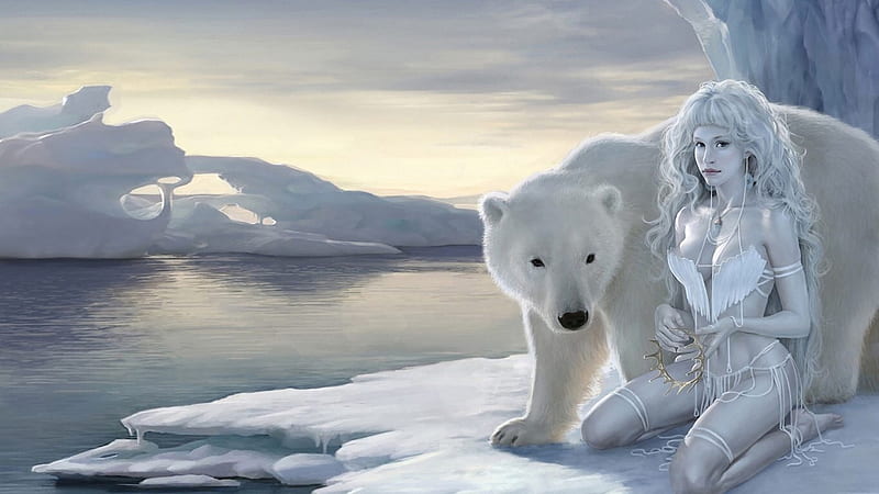 Winter Fantasy Scene, water, fantasy girl, snow, white, Fantasy, winter, polar bear, cold, dreamy, HD wallpaper