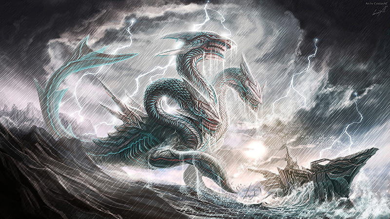 sea dragon, 3 heads, lightning, storm, clouds, Fantasy, HD wallpaper
