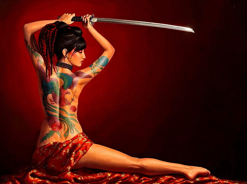 Onna, fantasy, eastern, tattoo, katana, asian, women, HD wallpaper