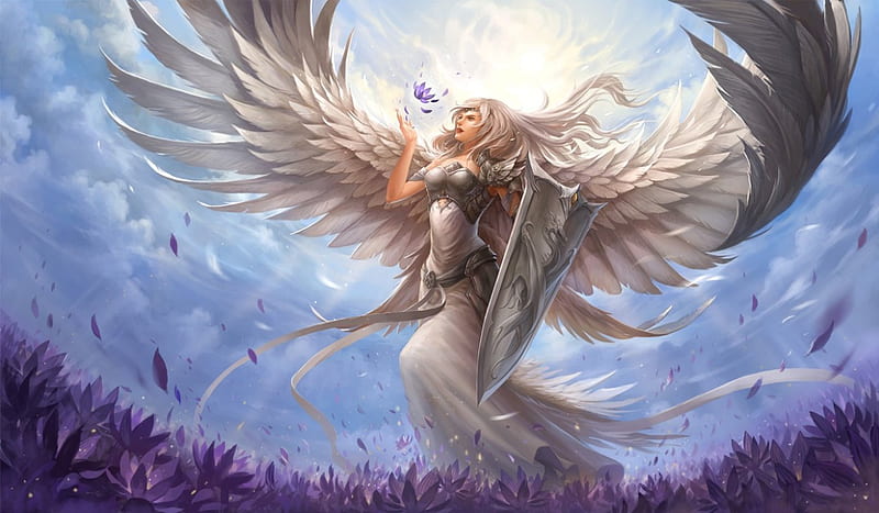White Angel, pretty, cg, shield, bonito, magic, wing, sweet, nice, fantasy, feather, beauty, realistic, long hair, gorgeous, female, wings, lovely, angel, sky, armor, 3d, girl, fantasy girl, magical, flower, awesome, petals, silver hair, white, HD wallpaper