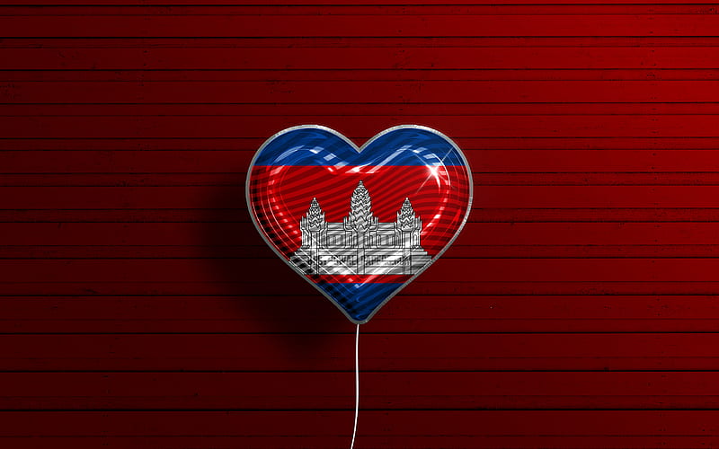 I Love Cambodia realistic balloons, red wooden background, Asian countries, Cambodian flag heart, favorite countries, flag of Cambodia, balloon with flag, Cambodian flag, Cambodia, Love Cambodia, HD wallpaper