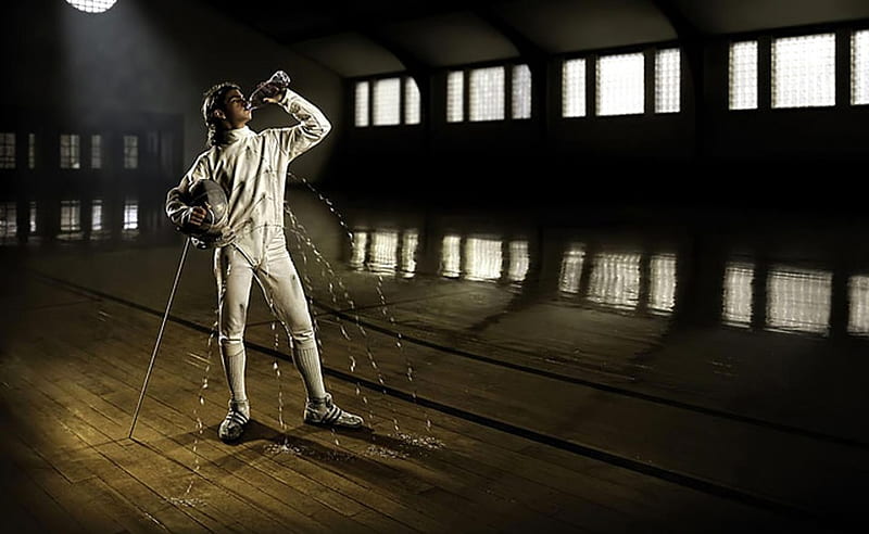 fencing olympics, swordsman, holes, water, sword, HD wallpaper