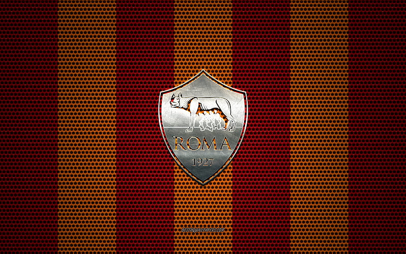 AS Roma logo, Italian football club, metal emblem, red-orange metal mesh background, AS Roma, Serie A, Rome, Italy, football, HD wallpaper