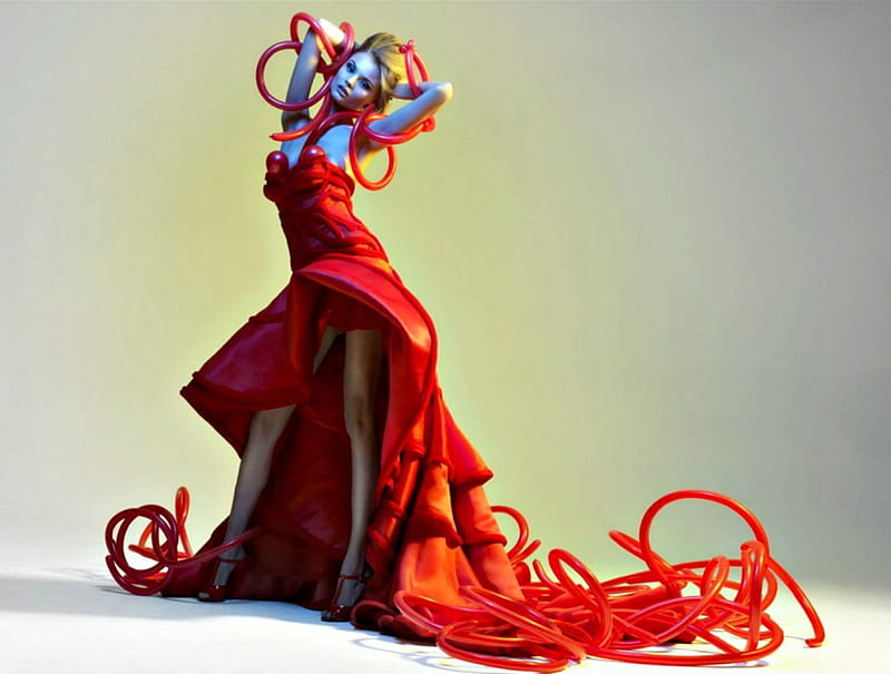 Magdalena Frackowiak, red, dress, girl, model, balloons, fashion, woman, HD wallpaper