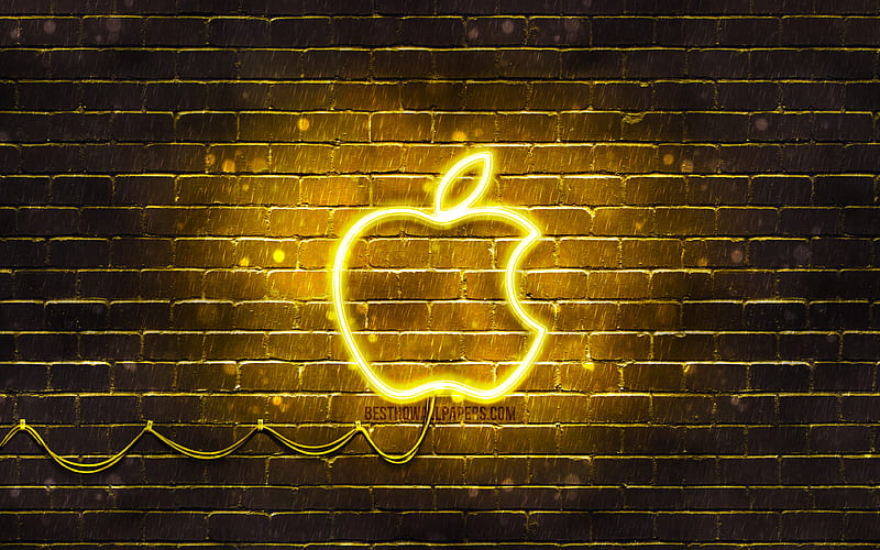Apple yellow logo yellow brickwall, yellow neon apple, Apple logo, brands, Apple neon logo, Apple, HD wallpaper