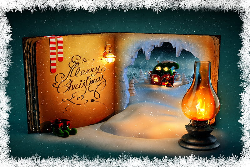 Merry Christmas , Light, Merry Christmas, little House, Holiday, Lantern, illustration, Fantasy, Winter, snow, Text, Book, season, HD wallpaper