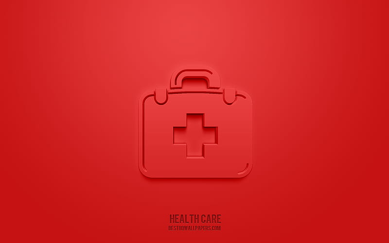 Health care 3d icon, red background, 3d symbols, Health care, Medicine icons, 3d icons, Health care sign, Medicine 3d icons, HD wallpaper