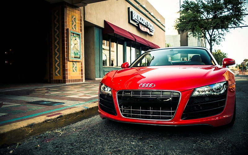 Audi R8, sports coupe, evening, city, sunset, red Audi, HD wallpaper