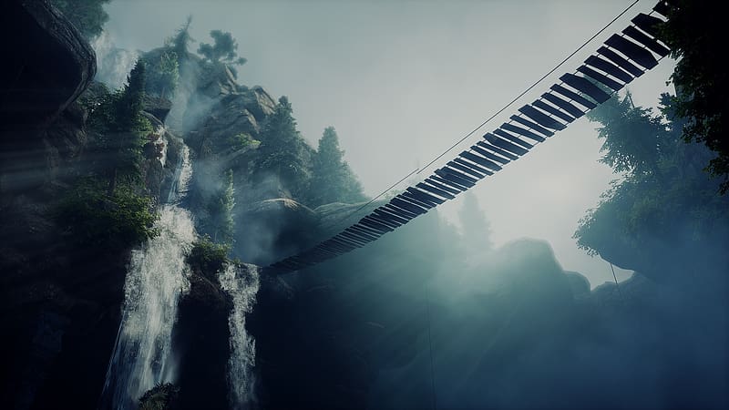 Waterfall, Rope Bridge, Video Game, Dragon Age, Dragon Age: Inquisition, Valammar, HD wallpaper