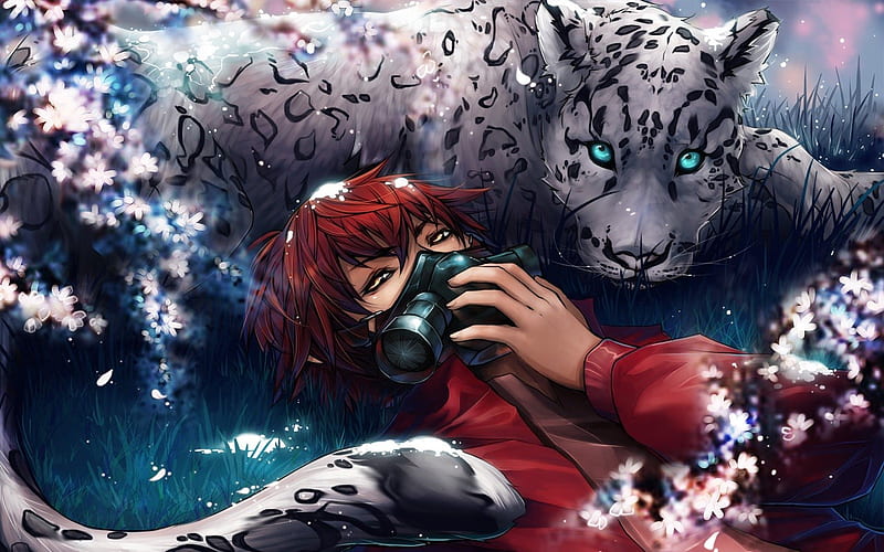 Anime, guy, petals, mask, blue eyes, lion, HD wallpaper