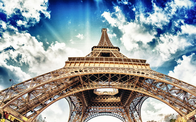 Eiffel Tower, blue sky, clouds, R, Paris, France, HD wallpaper