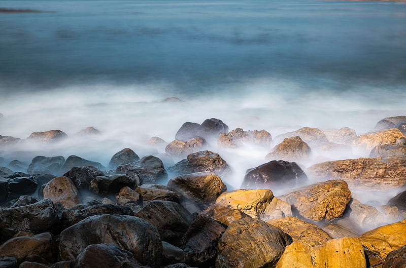 stones, fog, rocks, sea, HD wallpaper