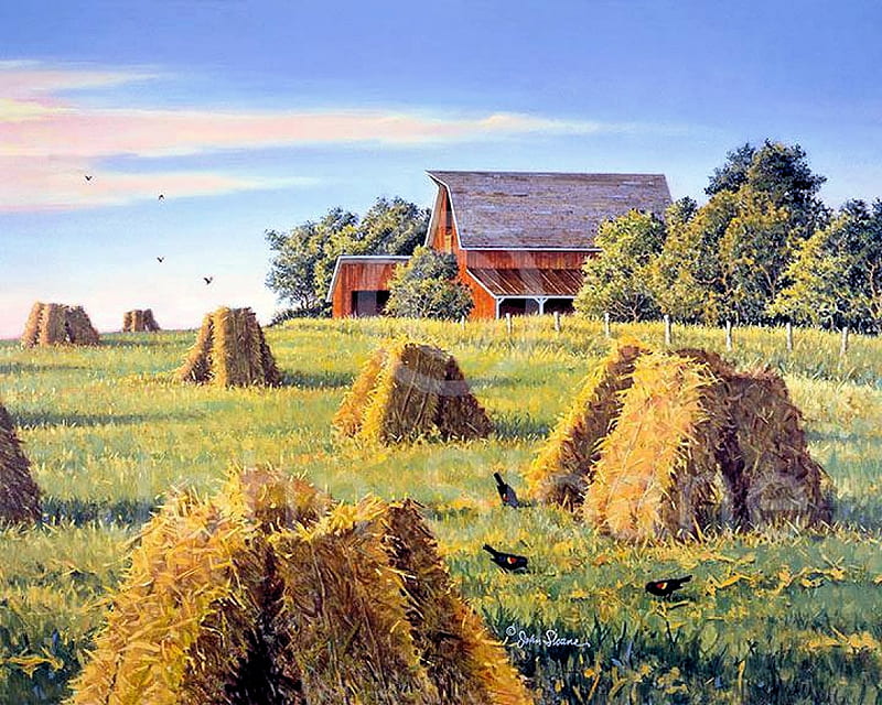 Harvest Gold, barn, field, painting, straw, trees, artwork, HD wallpaper