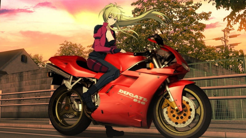 Red Bike, pretty, blond, motorcycle, sweet, nice, anime, bike, wheel, anime girl, long hair, female, lovely, blonde, blonde hair, blond hair, girl, lady, maiden, HD wallpaper