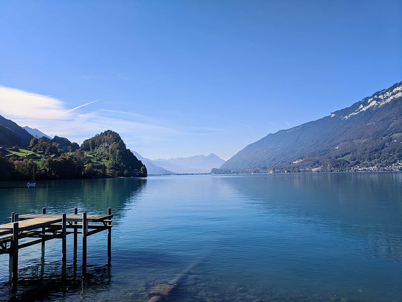 Peers edge, peer, lake, switzerland, blue sky, mountain, mountains, HD wallpaper