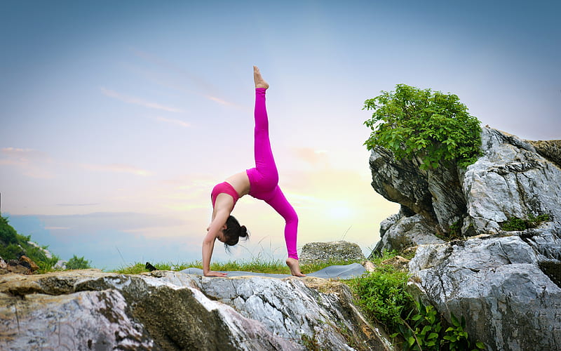 yoga, woman, sunset, meditation, yoga poses, yoga exercises, health concepts, HD wallpaper