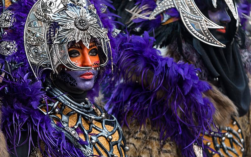 Brasil Carnival, blue, feather, mask, girl, orange, vicente concha, woman, HD wallpaper