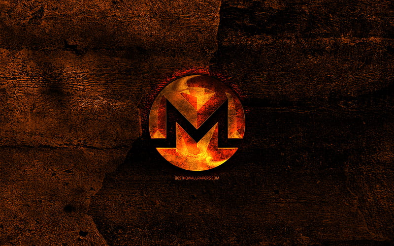 Monero fiery logo, orange stone background, creative, Monero logo, cryptocurrency, Monero, HD wallpaper