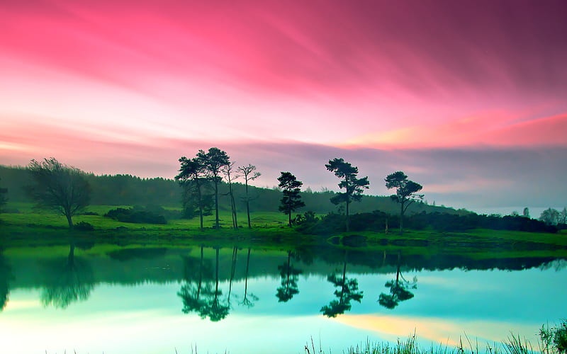 Beautiful Reflection, colorful, good morning, grass, colourful, bonito, sunset, clouds, splendor, green, beauty, sunrise, morning, reflection, pink sky, pink, lovely, view, colors, sky, trees, lake, tree, water, peaceful, nature, pasture, grassland, landscape, HD wallpaper