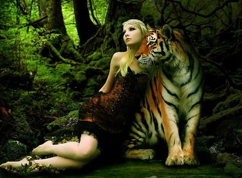 •ღ ღ•, art, fantasy, tiger, fantasy girl, HD wallpaper | Peakpx