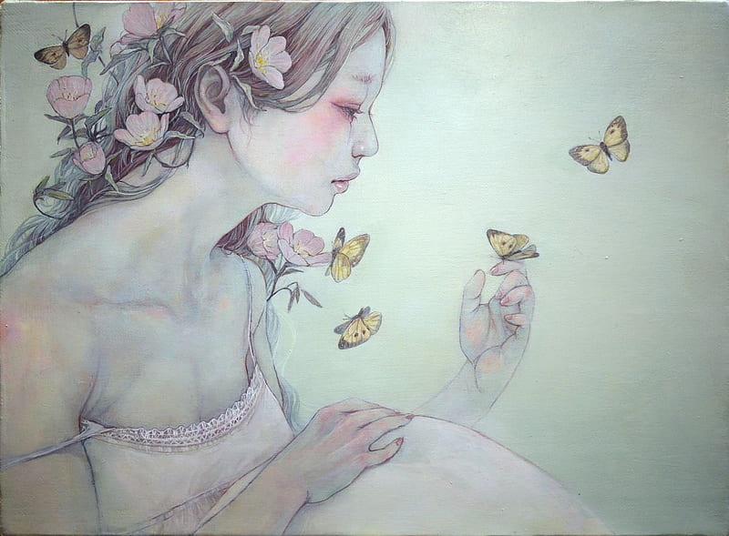 Butterflies, art, frumusete, luminos, woman, fantasy, butterfly, girl, flower, asian, chalk, mihohirano, pink, HD wallpaper