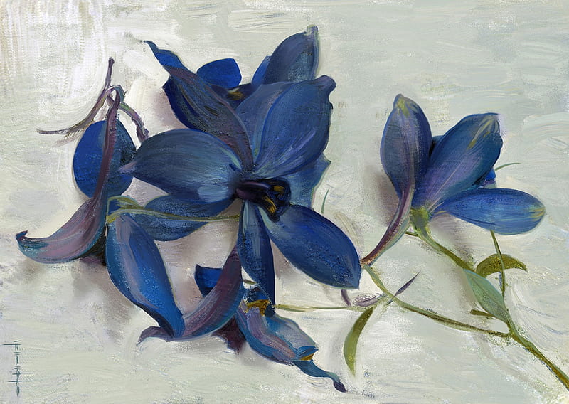 Clematis, art, flower, yizheng ke, blue, HD wallpaper