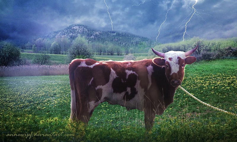 Cow in a Storm, Mountains, pasture, Cows, storm, clouds, field, animal, HD wallpaper