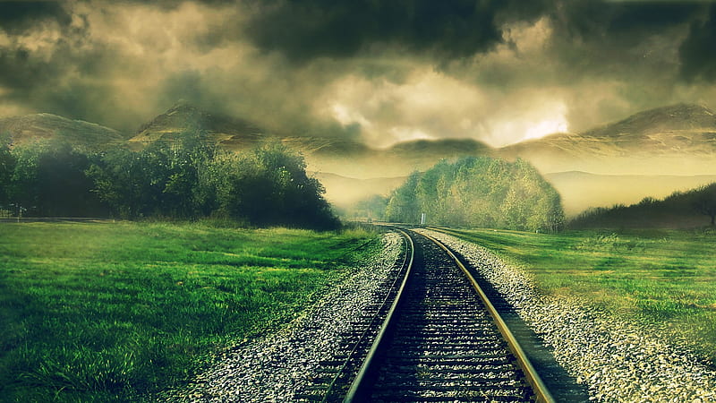 Leaving, hills, railroad, grass, trees, sky, clouds, storm, stormy, fog, train tracks, mountains, fields, rails, HD wallpaper