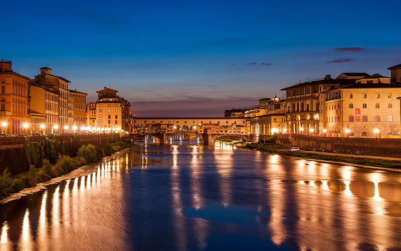 Ponte Vecchio, Florence, Tuscany, Italy, evening, Arno River, bridge, city lights, HD wallpaper