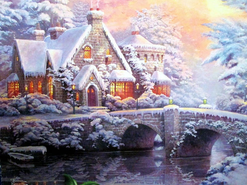 Winter at Lamplight Manor, snow, bridge, cottage, painting, river, trees, artwork, HD wallpaper