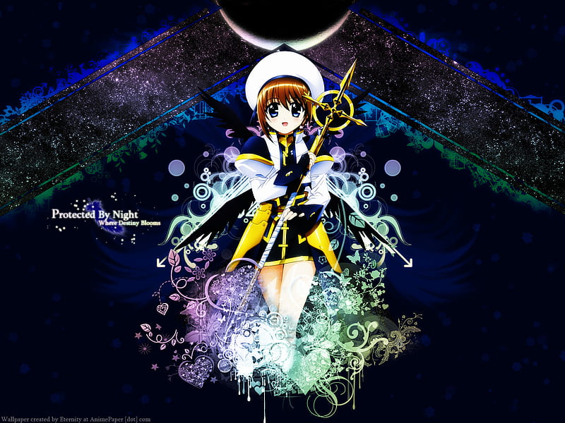 Protected by Night, nanoha, protected, yellow, magic, gold, green, reinforce, girls, protect, blue, night, hayate yagami, black, lattice, girl, purple, magical, white, HD wallpaper