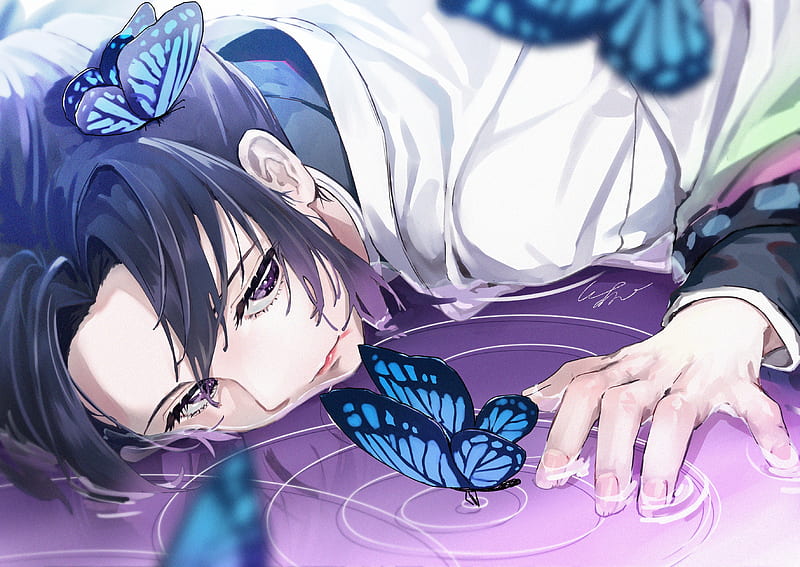 kochou shinobu, lying down, blue butterflies, kimetsu no yaiba, black hair, demon slayer, water, Anime, HD wallpaper