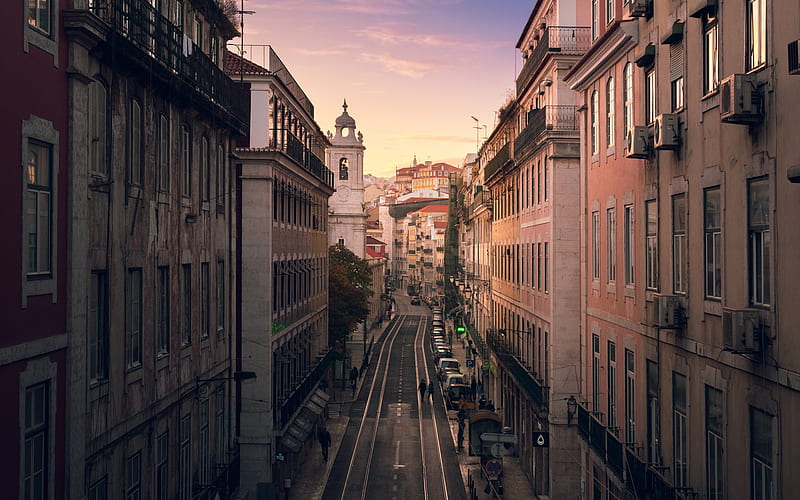 Lisbon, evening, cityscape, tram rails, buildings, Portugal, HD wallpaper