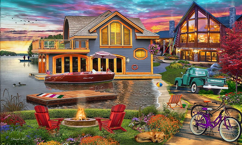 Lake Boat House, lake, outdoors, cozy, homes, Scenic, lake front, Boat water, sky, building, fireplace, chairs, truck, House, dog, HD wallpaper