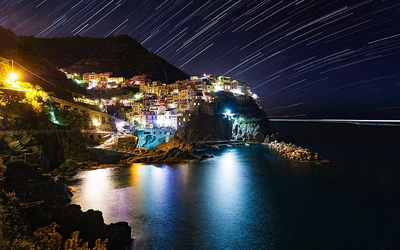 night, coast, Cinque Terre, Italy, HD wallpaper