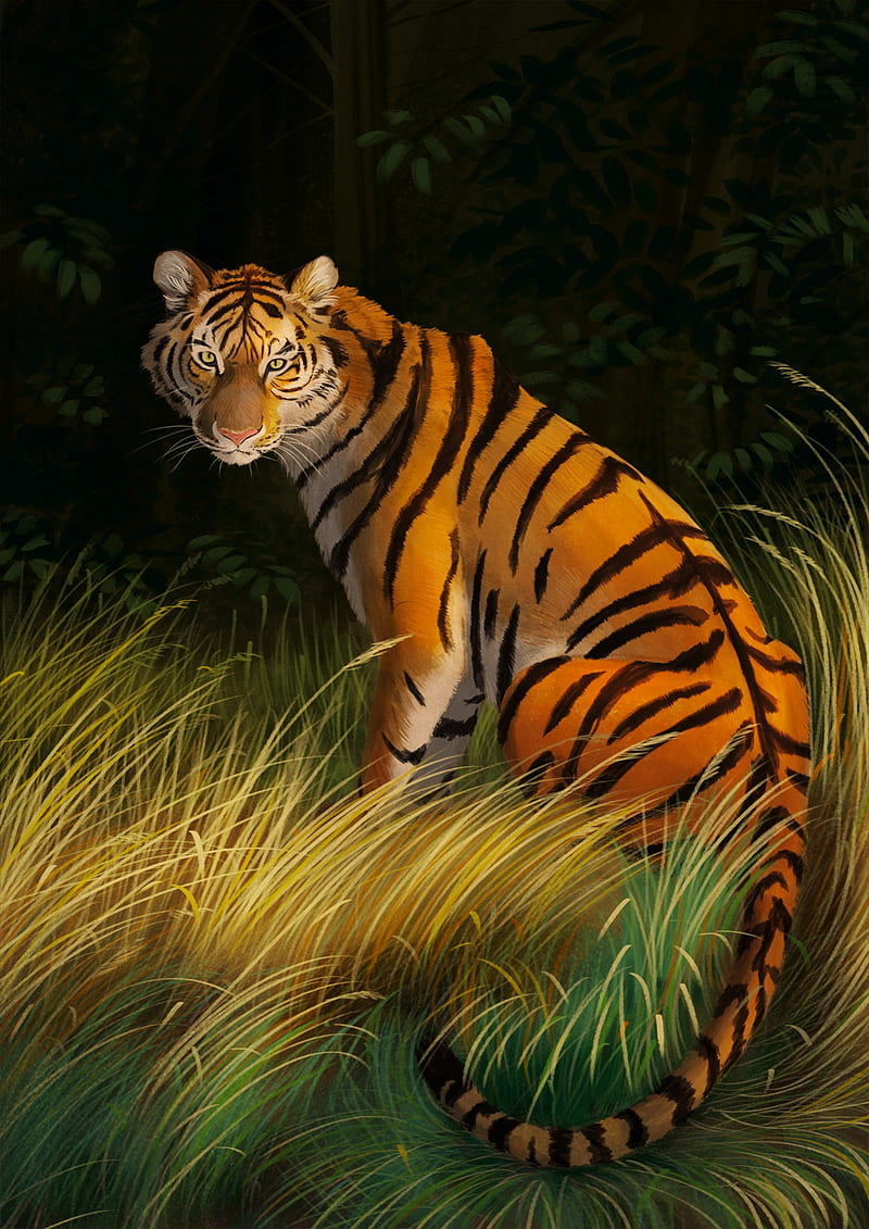 tiger, grass, art, predator, striped, HD phone wallpaper
