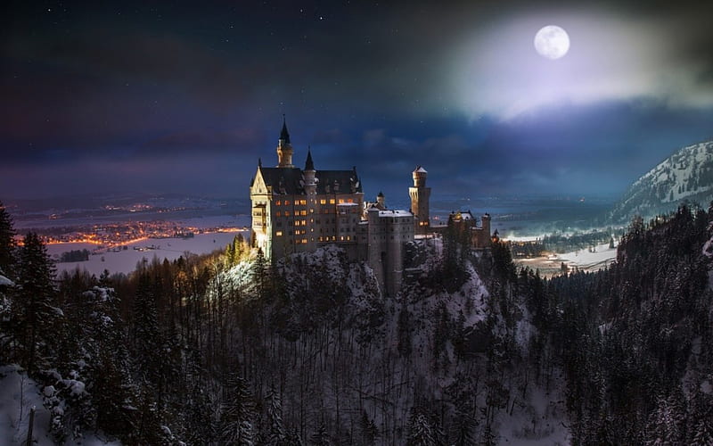 Neuschwanstein Castle, Neuschwanstein, Castle, night, HD wallpaper