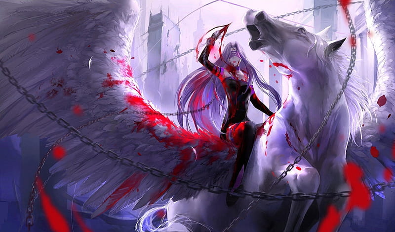 Bloody game, pretty, dress, white hair, bonito, nice, fantasy, fate stay night, anime, beauty, anime girl, long hair, feathers, female, wings, sexy, horse, blood, cool, dark, sad, awesome, Pegasus, HD wallpaper