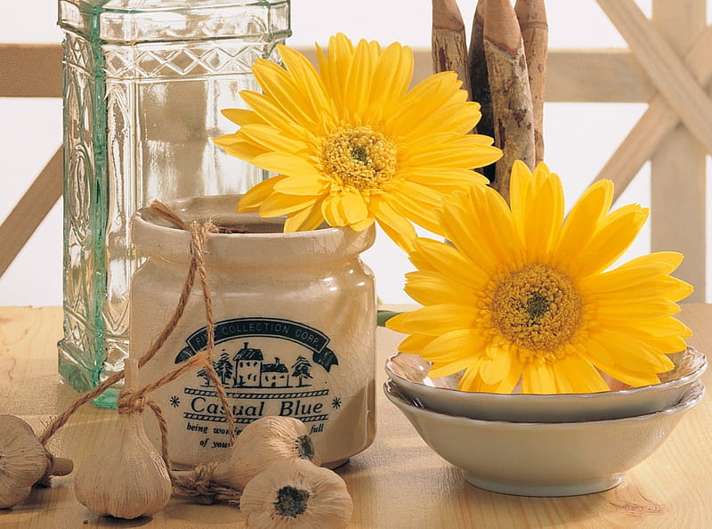 Time Past, table, glass jar, timber pencils, yellow flowers, garlic cloves, HD wallpaper