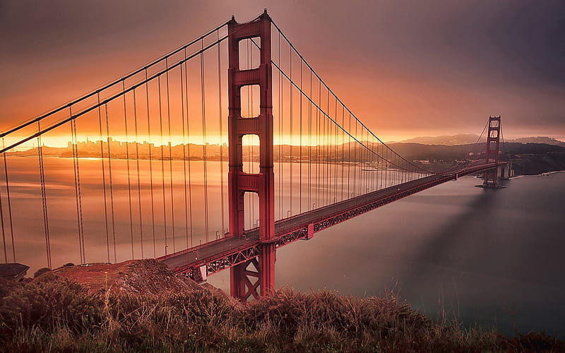 Golden Gate Bridge, San Francisco, sunset, american cities, California, City of San Francisco, USA, bridges, Cities of California, America, HD wallpaper