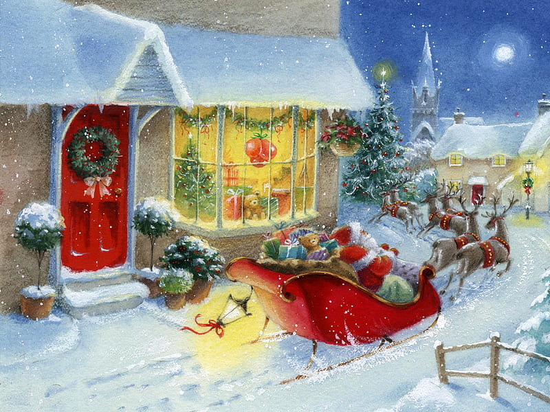 Christmas card, tree, fantasy, christmas, snow, sled, winter, HD wallpaper