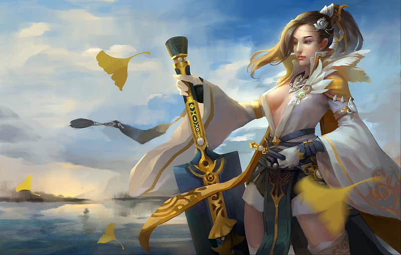 Fantasy girl, warrior, fantasy, girl, wind, yellow, leaf, blue, sword, HD wallpaper