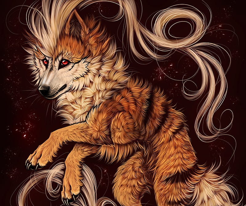 Fantastic wolf, lup, myarukawolf, wolf, orange, fantasy, HD wallpaper